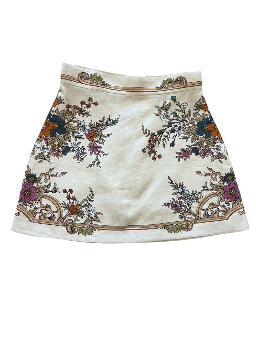 Alemais Antoinette Cream Floral Linen A-line Mini Skirt Size 8